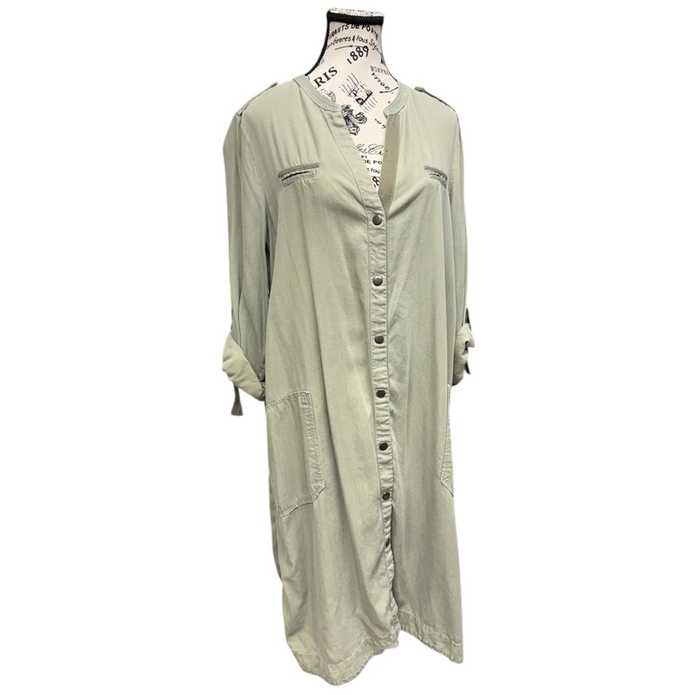 Light Green Button-Up Long Shirt Dress Duster 100% Lyocell